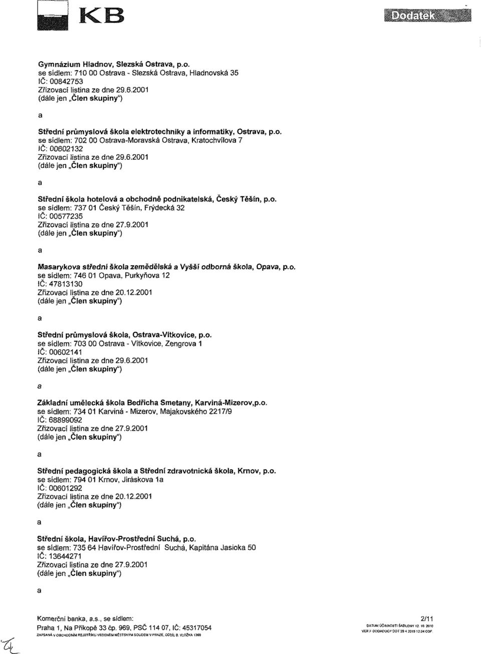 o. se sídlem: 703 00 Ostrava - Vítkovice, Zengrova 1 IČ: 00602141 Základní umělecká Škola Bedřicha Smetany, Karviná-Mizerov.p.o. se sídlem: 734 01 Karviná - Mízerov, Majakovského 2217/9 IČ: 68899092 Střední pedagogická škola a Střední zdravotnická škola, Krnov, p.