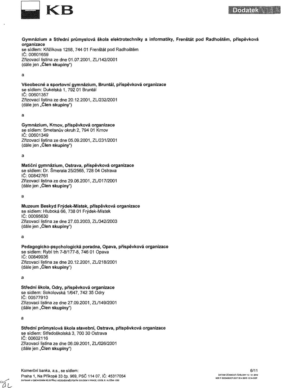 2001, ZL/142/2001 Všeobecné a sportovní gymnázium, Bruntál, příspěvková organizace se sídlem: Dukelská 1, 792 01 Bruntál IČ: 00601357, ZL/232/2001 (dáiejen Čten skupiny") Gymnázium, Krnov,