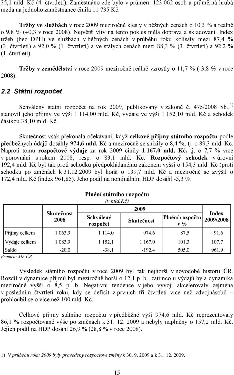 Index trţeb (bez DPH) ve sluţbách v běţných cenách v průběhu roku kolísaly mezi 87,4 % (3. čtvrtletí) a 92,0 % (1. čtvrtletí) a ve stálých cenách mezi 88,3 % (3. čtvrtletí) a 92,2 % (1. čtvrtletí). 2008).