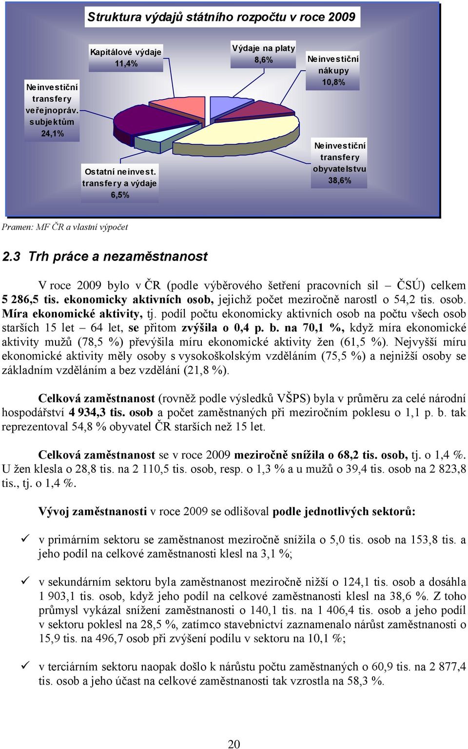 3 Trh práce a nezaměstnanost V roce 2009 bylo v ČR (podle výběrového šetření pracovních sil ČSÚ) celkem 5 286,5 tis. ekonomicky aktivních osob, jejichţ počet meziročně narostl o 54,2 tis. osob. Míra ekonomické aktivity, tj.