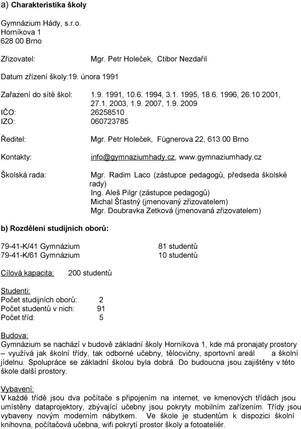 gymnaziumhady.cz Mgr. Radim Laco (zástupce pedagogů, předseda školské rady) Ing. Aleš Pilgr (zástupce pedagogů) Michal Šťastný (jmenovaný zřizovatelem) Mgr.