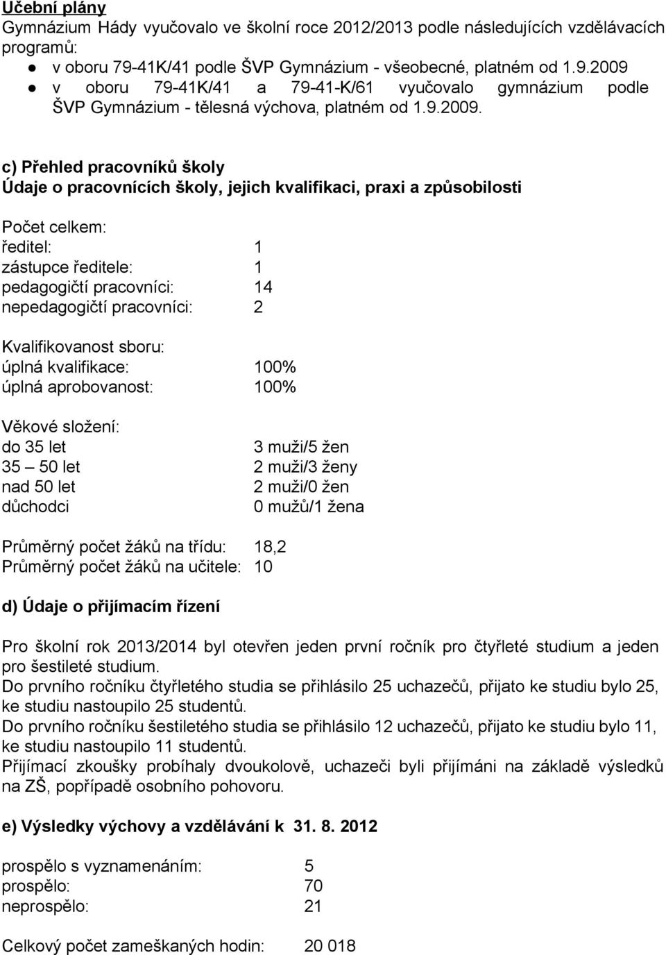 v oboru 79 41K/41 a 79 41 K/61 vyučovalo gymnázium podle ŠVP Gymnázium tělesná výchova, platném od 1.9.2009.