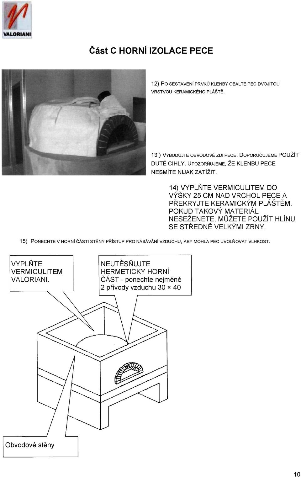 14) VYPLŇTE VERMICULITEM DO VÝŠKY 25 CM NAD VRCHOL PECE A PŘEKRYJTE KERAMICKÝM PLÁŠTĚM.