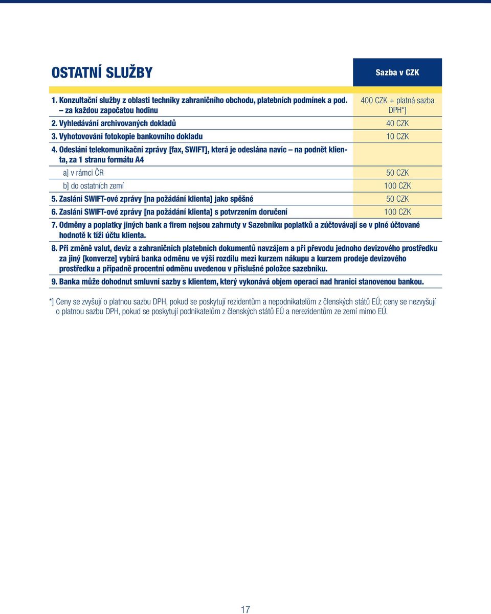 Odeslání telekomunikační zprávy [fax, SWIFT], která je odeslána navíc na podnět klienta, za 1 stranu formátu A4 a] v rámci ČR 50 CZK b] do ostatních zemí 100 CZK 5.