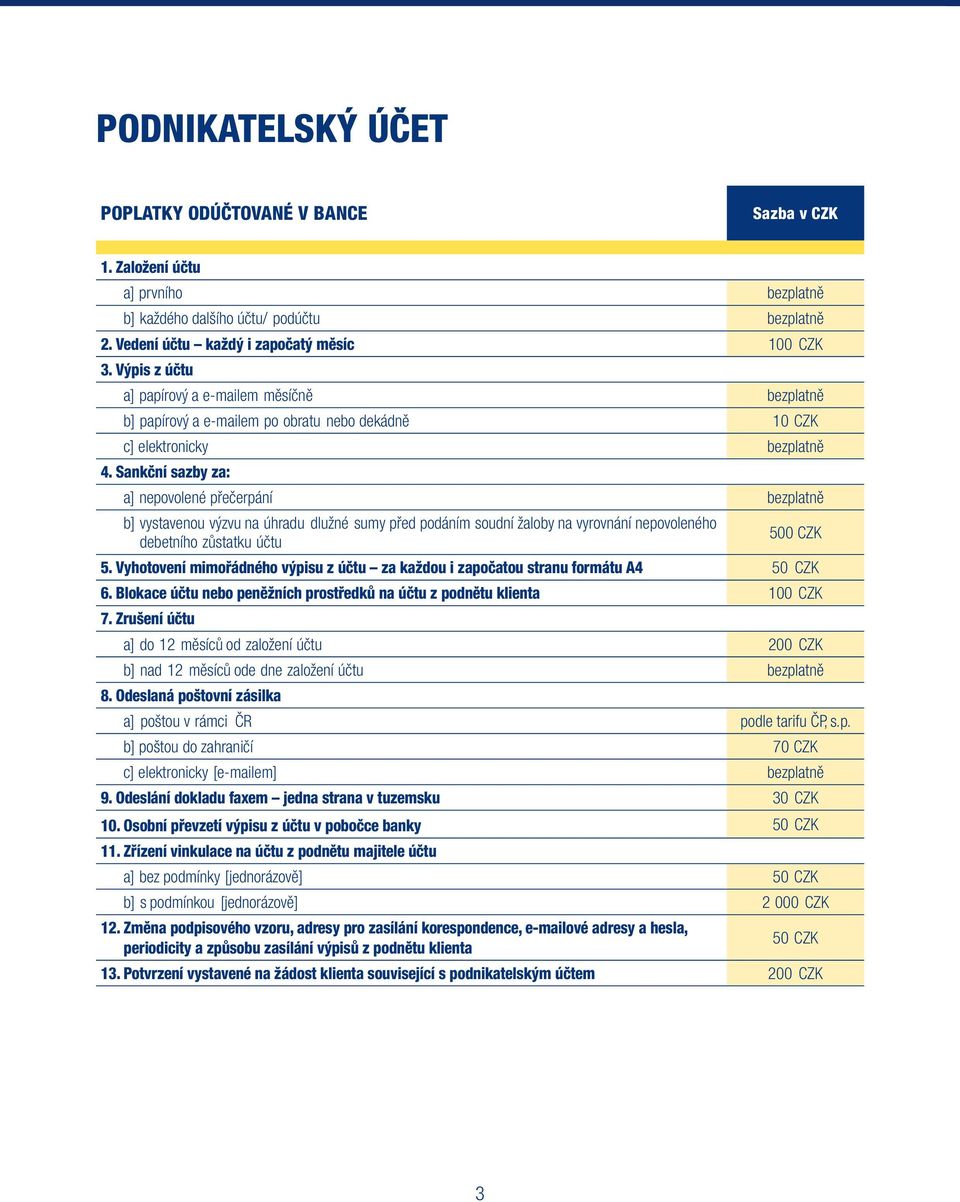 Sankční sazby za: a] nepovolené přečerpání bezplatně b] vystavenou výzvu na úhradu dlužné sumy před podáním soudní žaloby na vyrovnání nepovoleného debetního zůstatku účtu 500 CZK 5.
