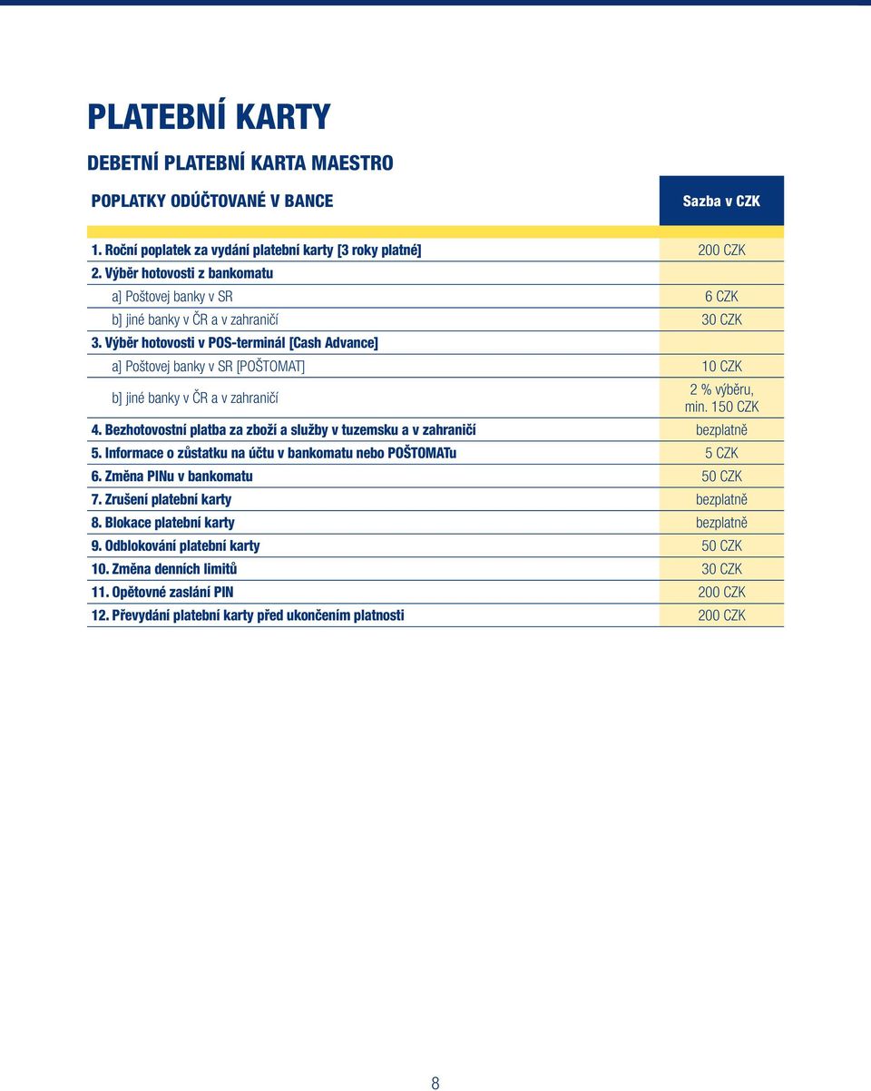 Výběr hotovosti v POS-terminál [Cash Advance] a] Poštovej banky v SR [POŠTOMAT] 10 CZK b] jiné banky v ČR a v zahraničí 2 % výběru, min. 150 CZK 4.