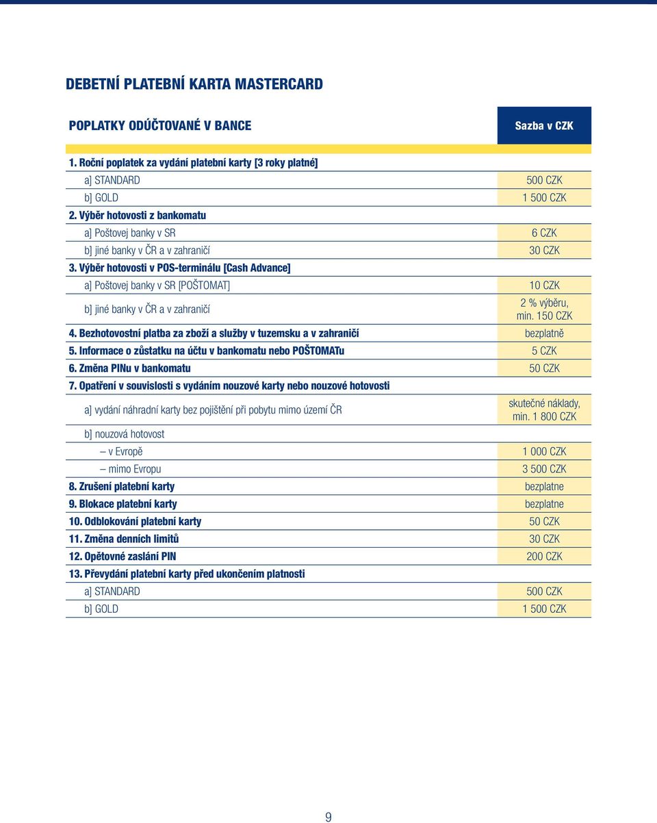 Výběr hotovosti v POS-terminálu [Cash Advance] a] Poštovej banky v SR [POŠTOMAT] 10 CZK b] jiné banky v ČR a v zahraničí 2 % výběru, min. 150 CZK 4.