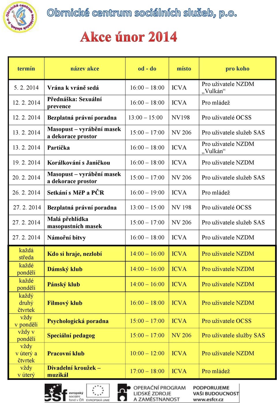 2. 2014 Masopust vyrábění masek a dekorace prostor 15:00 17:00 NV 206 Pro uživatele služeb SAS 26. 2. 2014 Setkání s MěP a PČR 16:00 19:00 ICVA Pro mládež 27. 2. 2014 Bezplatná právní poradna 13:00 15:00 NV 198 Pro uživatelé OCSS 27.