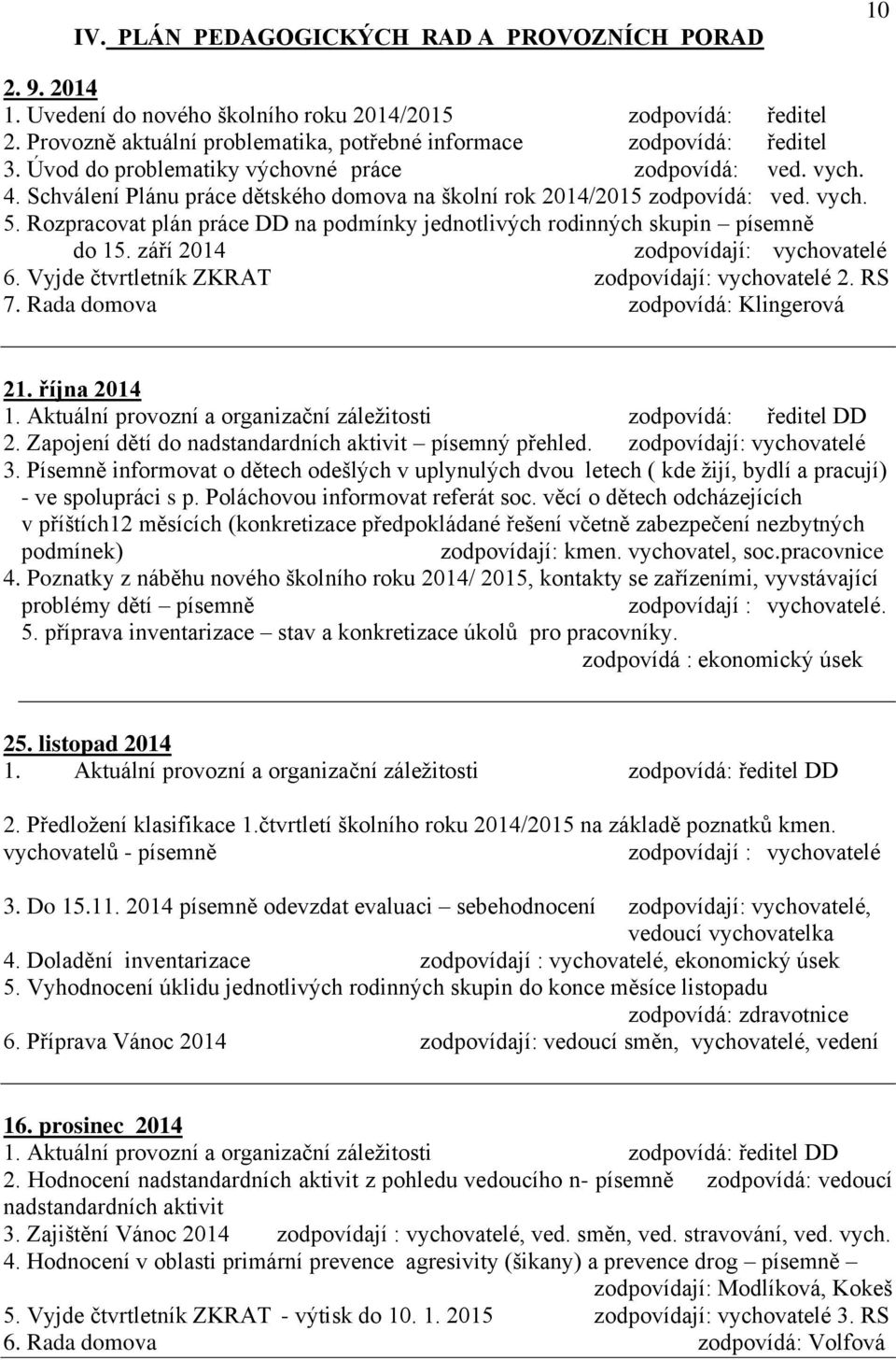 Rozpracovat plán práce DD na podmínky jednotlivých rodinných skupin písemně do 15. září 2014 zodpovídají: vychovatelé 6. Vyjde čtvrtletník ZKRAT zodpovídají: vychovatelé 2. RS 7.