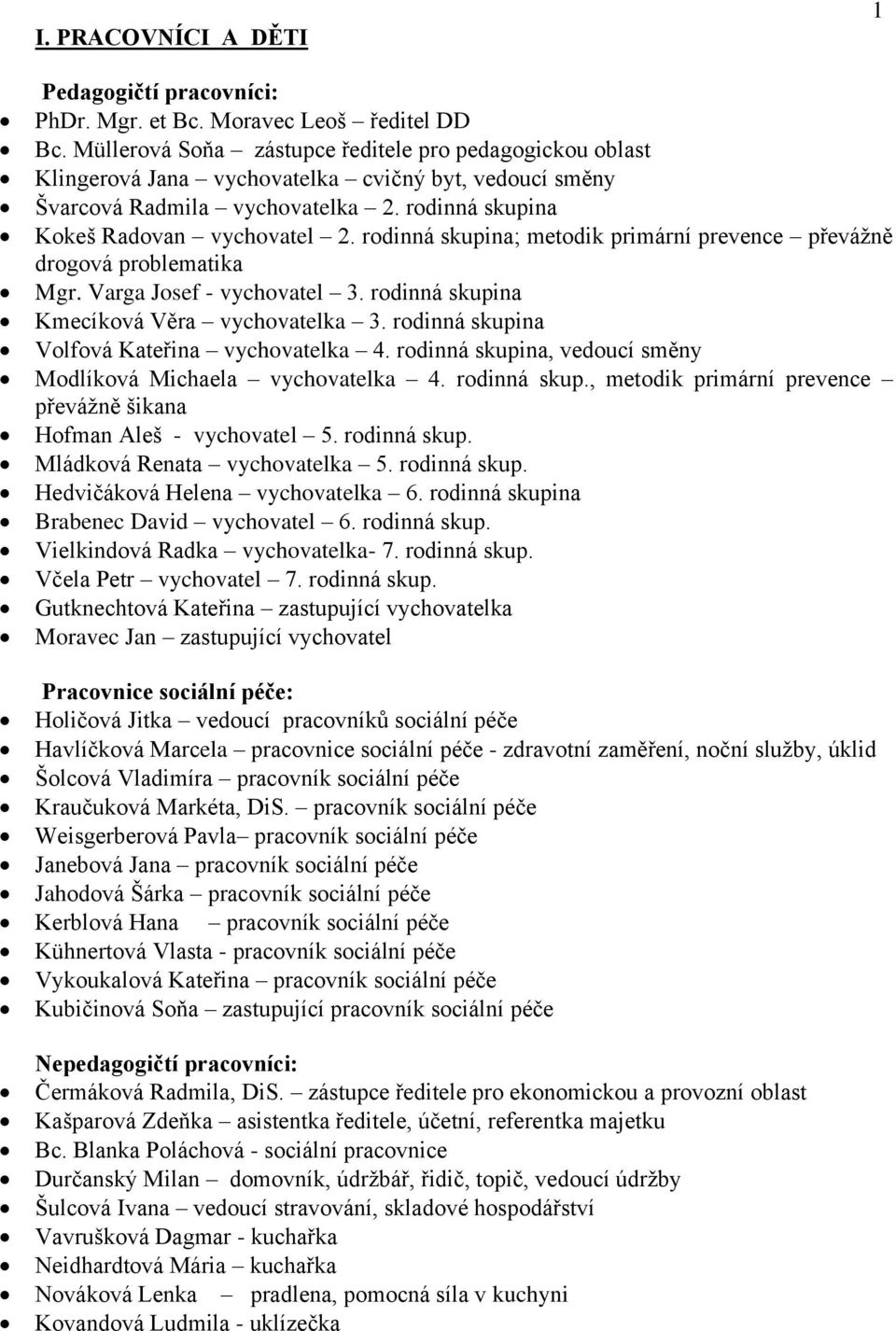 rodinná skupina; metodik primární prevence převážně drogová problematika Mgr. Varga Josef - vychovatel 3. rodinná skupina Kmecíková Věra vychovatelka 3.