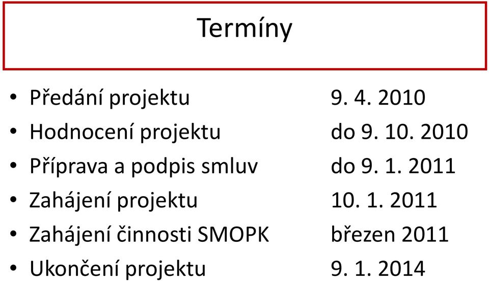 2010 Příprava a podpis smluv do 9. 1.