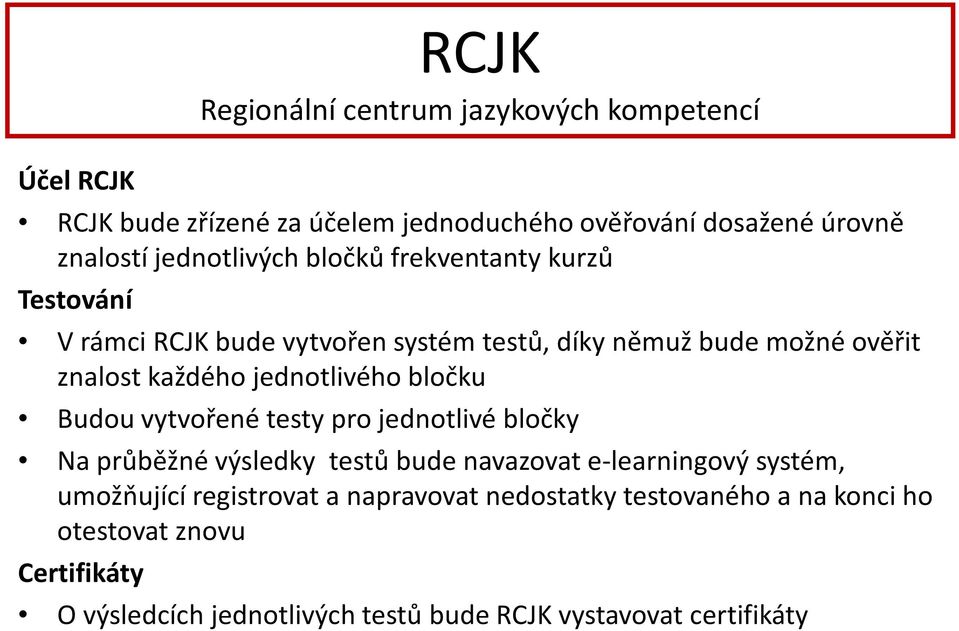 jednotlivého bločku Budou vytvořené testy pro jednotlivé bločky Na průběžné výsledky testů bude navazovat e-learningový systém, umožňující