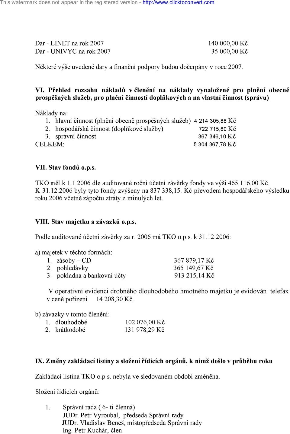 hlavní činnost (plnění obecně prospěšných služeb) 4 214 305,88 Kč 2. hospodářská činnost (doplňkové služby) 722 715,80 Kč 3. správní činnost 367 346,10 Kč CELKEM: 5 304 367,78 Kč VII. Stav fondů o.p.s. TKO měl k 1.