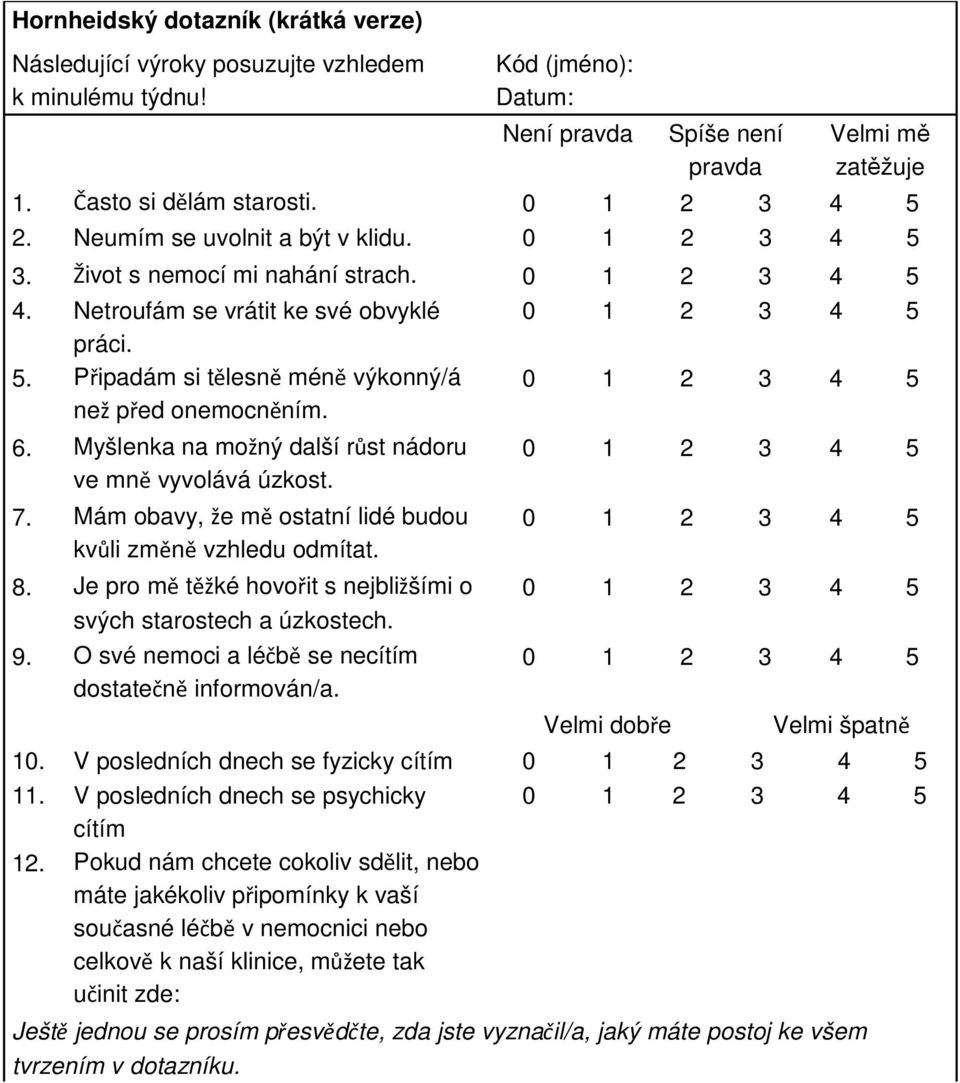 0 1 2 3 4 5 6. Myšlenka na možný další růst nádoru ve mně vyvolává úzkost. 7. Mám obavy, že mě ostatní lidé budou kvůli změně vzhledu odmítat. 8.