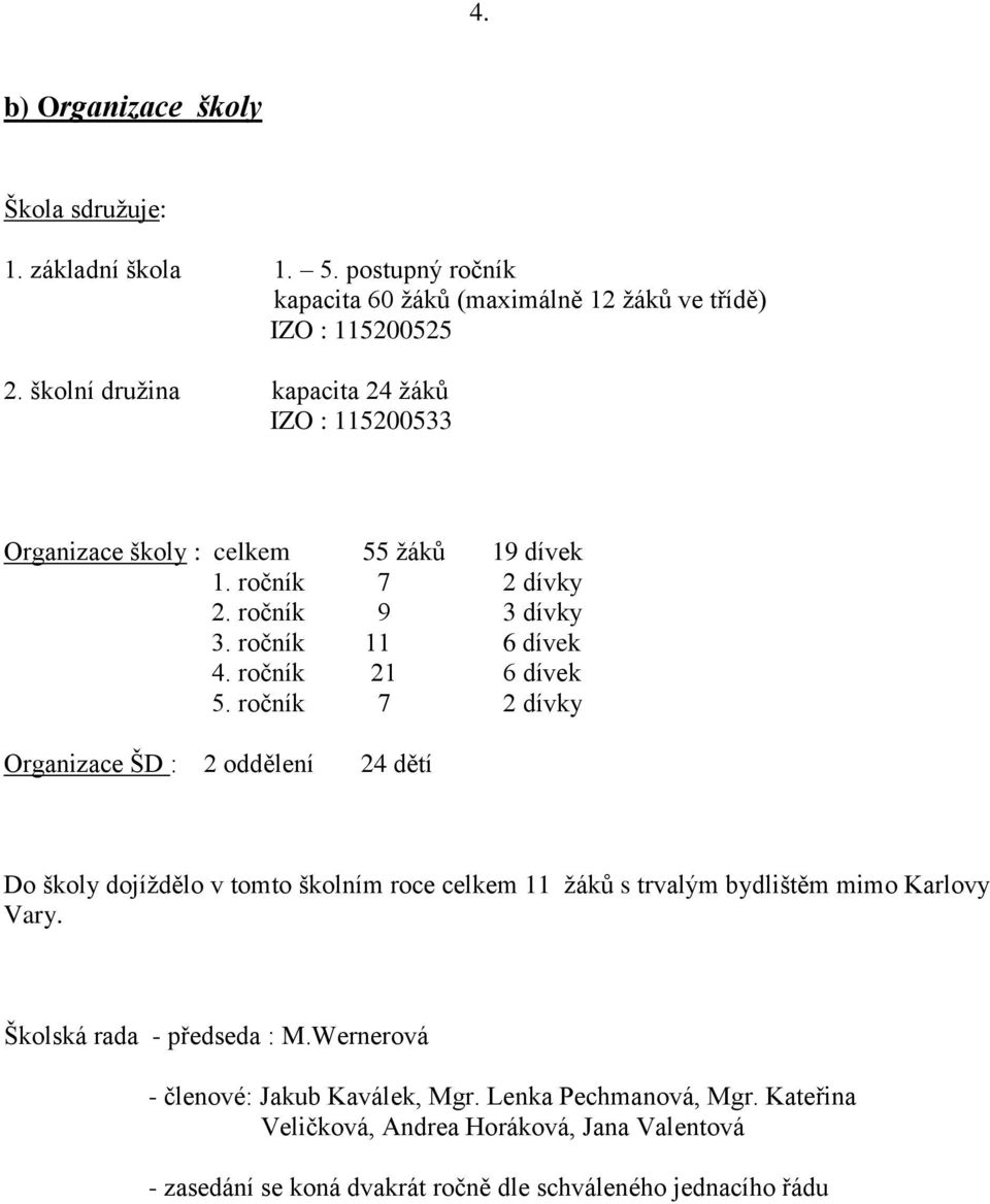 ročník 21 6 dívek 5. ročník 7 2 dívky Organizace ŠD : 2 oddělení 24 dětí Do školy dojíţdělo v tomto školním roce celkem 11 ţáků s trvalým bydlištěm mimo Karlovy Vary.