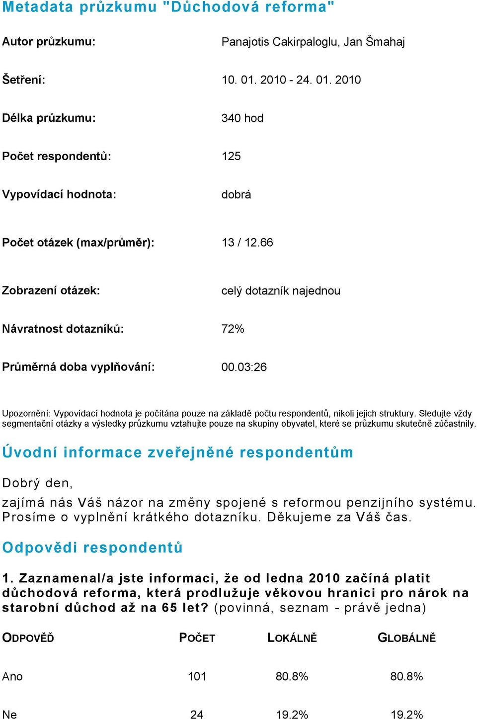 66 Zobrazení otázek: celý dotazník najednou Návratnost dotazníků: 72% Průměrná doba vyplňování: 00.