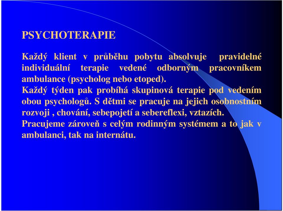 Každý týden pak probíhá skupinová terapie pod vedením obou psychologů.