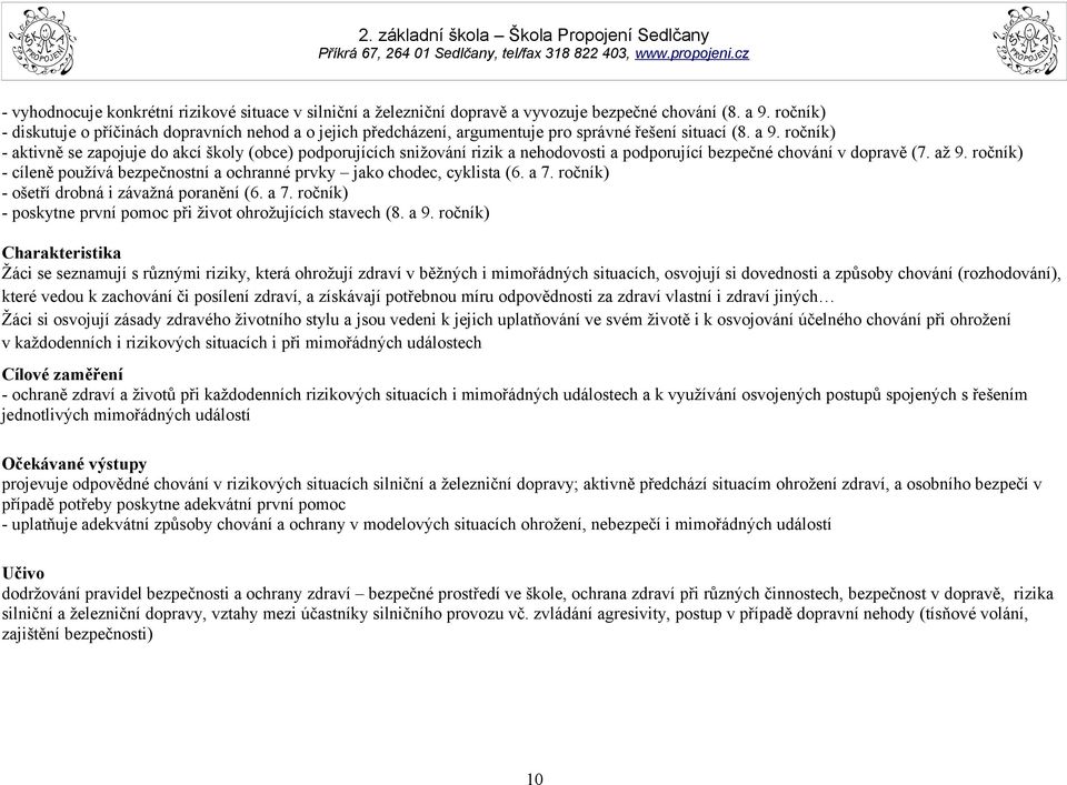 ročník) - aktivně se zapojuje do akcí školy (obce) podporujících snižování rizik a nehodovosti a podporující bezpečné chování v dopravě (7. až 9.