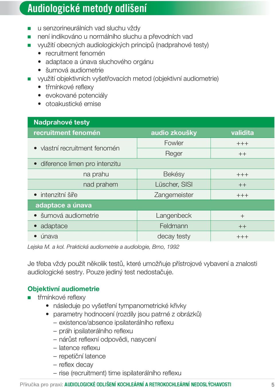 recruitment fenomén audio zkoušky validita vlastní recruitment fenomén Fowler +++ Reger ++ diference limen pro intenzitu na prahu Bekésy +++ nad prahem Lüscher, SISI ++ intenzitní šíře Zangemeister