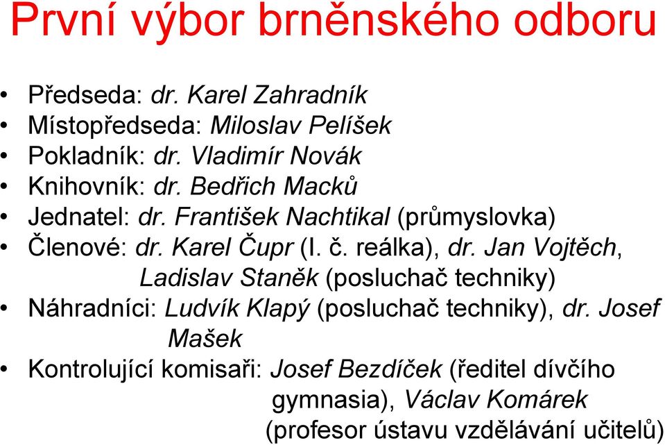 č. reálka), dr. Jan Vojtěch, Ladislav Staněk (posluchač techniky) Náhradníci: Ludvík Klapý (posluchač techniky), dr.