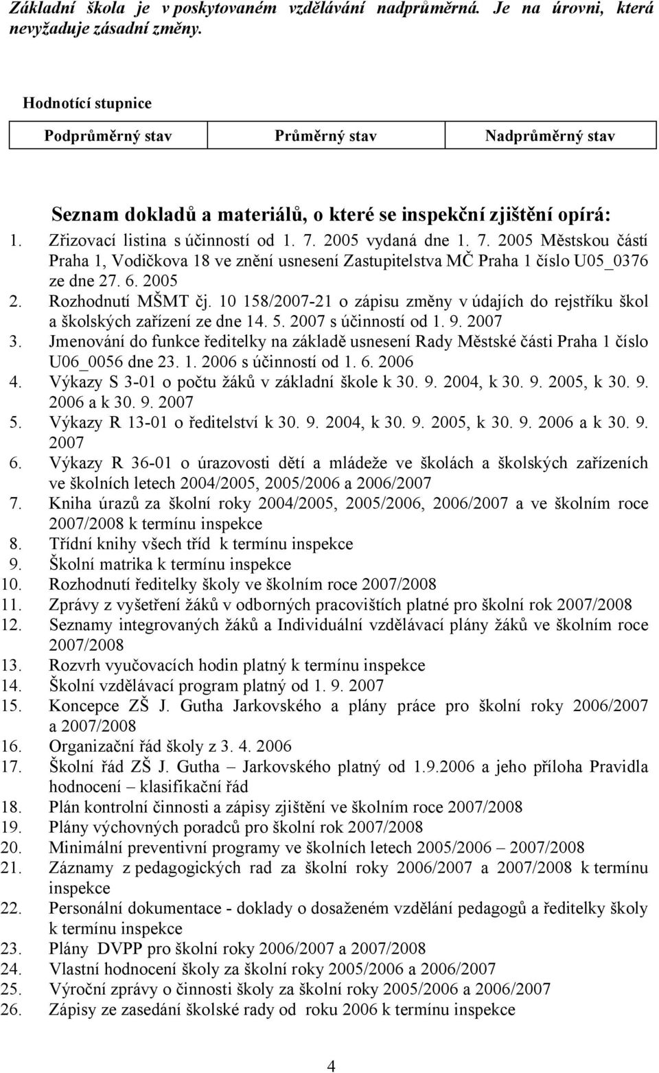 2005 vydaná dne 1. 7. 2005 Městskou částí Praha 1, Vodičkova 18 ve znění usnesení Zastupitelstva MČ Praha 1 číslo U05_0376 ze dne 27. 6. 2005 2. Rozhodnutí MŠMT čj.