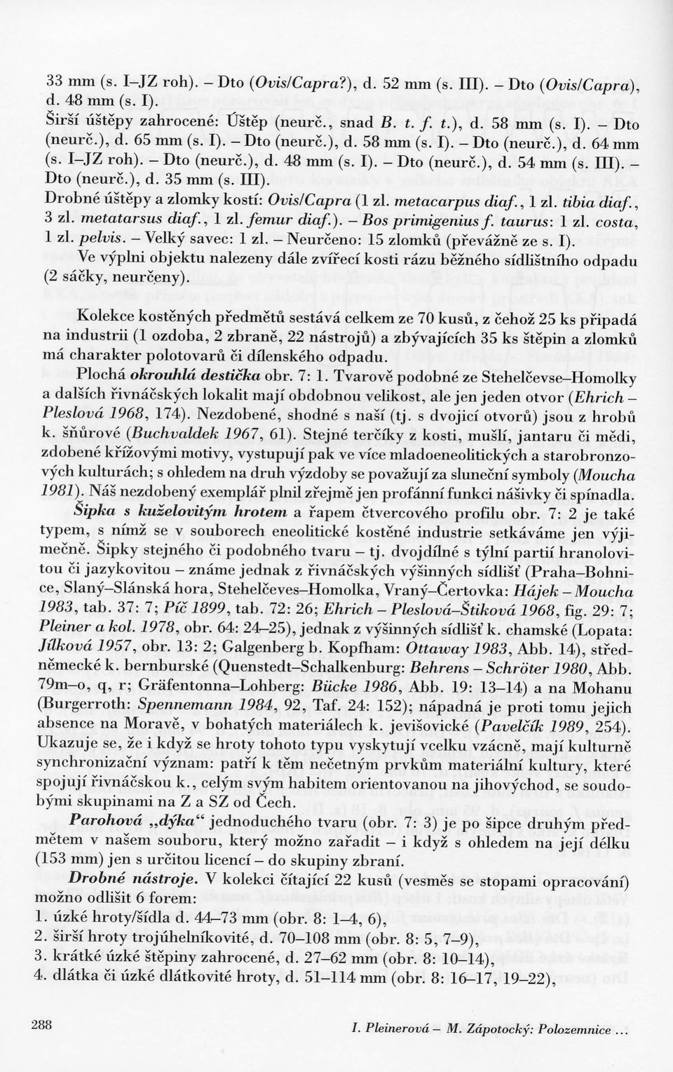 metacarpus diaf., 1 zl. tibia diaf., 3 zl. metatarsus diaf., 1 zl. femur diaf.). Bos primigenius f. taurus: 1 zl. costa, 1 zl. pelvis. Velky savec: 1 zl. Neurceno: 15 zlomku (pfevazne ze s. I).