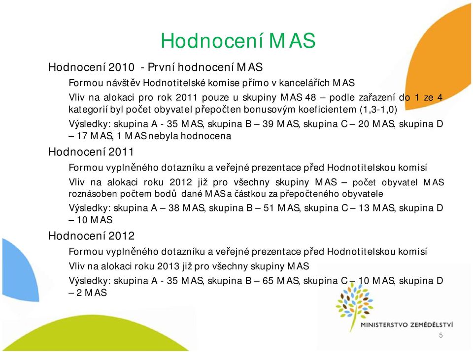 FormouvyplněnéhodotazníkuaveřejnéprezentacepředHodnotitelskoukomisí Vliv na alokaci roku 2012 již pro všechny skupiny MAS počet obyvatel MAS roznásoben počtem bodů danémasačástkouza přepočteného