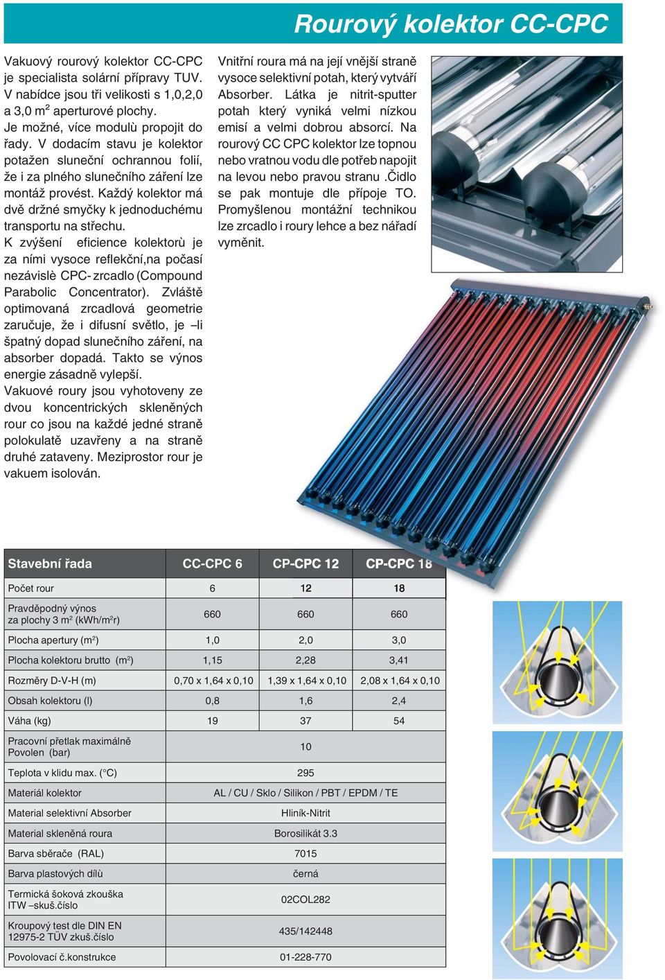 K zvýšení eficience kolektorù je za ními vysoce reflek ní,na po así nezávislè CPC- zrcadlo (Compound Parabolic Concentrator).