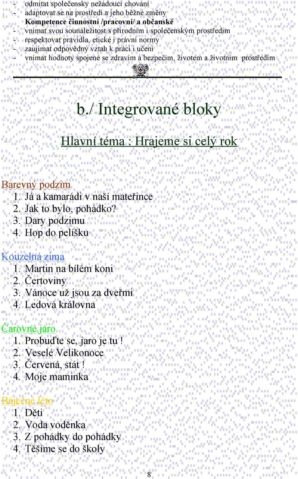 / Integrované bloky Hlavní téma : Hrajeme si celý rok Barevný podzim 1. Já a kamarádi v naší mateřince 2. Jak to bylo, pohádko? 3. Dary podzimu 4. Hop do pelíšku Kouzelná zima 1.