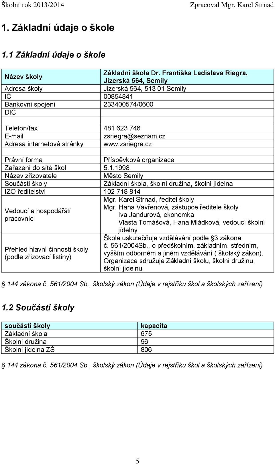 cz Adresa internetové stránky www.zsriegra.cz Právní forma Příspěvková organizace Zařazení do sítě škol 5.1.