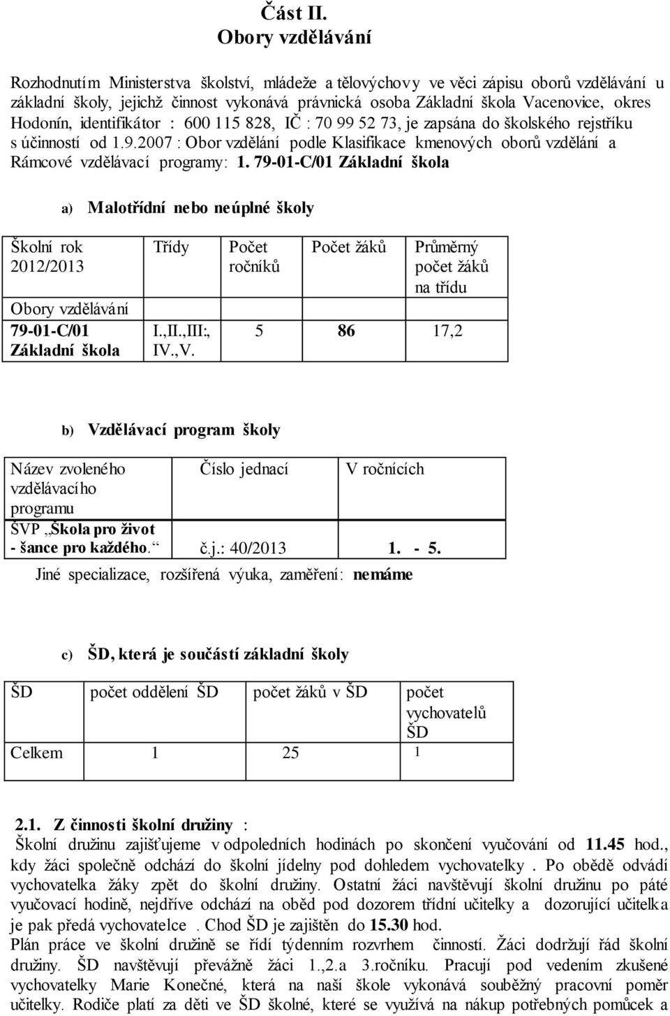 Hodonín, identifikátor : 600 115 828, IČ : 70 99 52 73, je zapsána do školského rejstříku s účinností od 1.9.2007 : Obor vzdělání podle Klasifikace kmenových oborů vzdělání a Rámcové vzdělávací programy: 1.