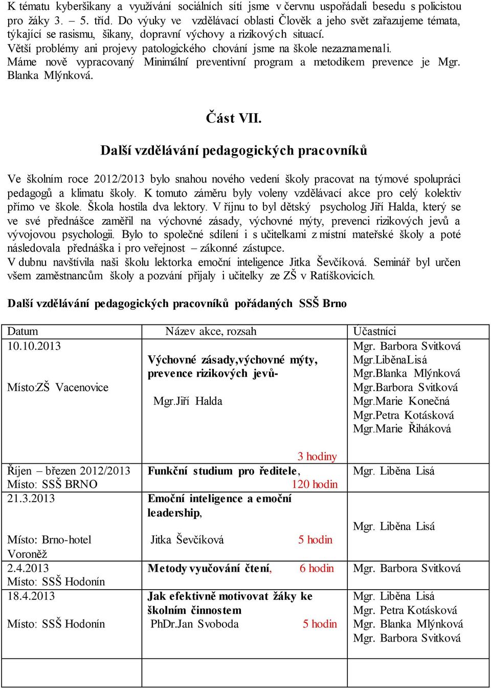 Větší problémy ani projevy patologického chování jsme na škole nezaznamenali. Máme nově vypracovaný Minimální preventivní program a metodikem prevence je Mgr. Blanka Mlýnková. Část VII.