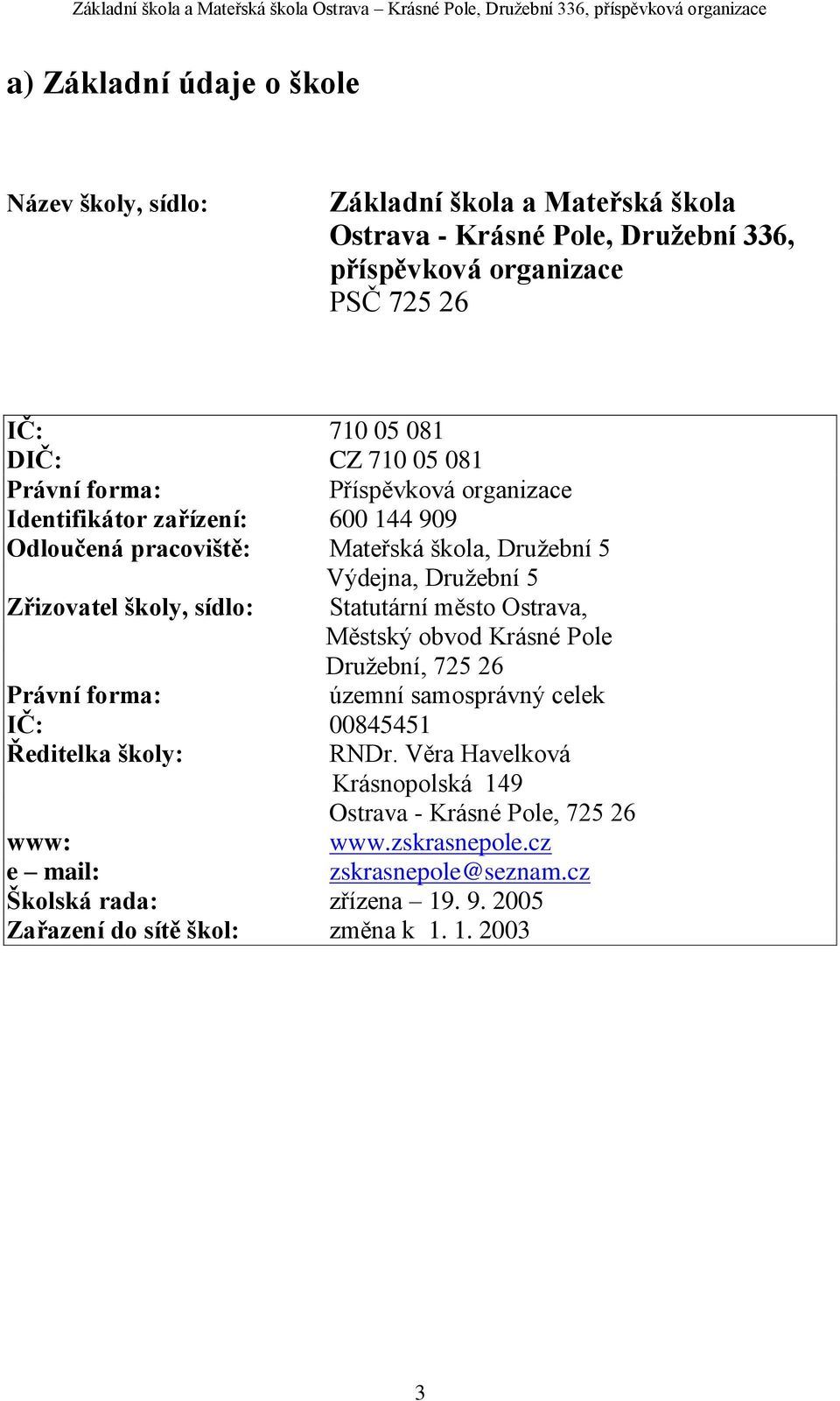 sídlo: Statutární město Ostrava, Městský obvod Krásné Pole Družební, 725 26 Právní forma: územní samosprávný celek IČ: 00845451 Ředitelka školy: RNDr.