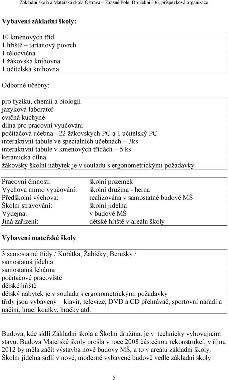 žákovský školní nábytek je v souladu s ergonometrickými požadavky Pracovní činnosti: Výchova mimo vyučování: Předškolní výchova: Školní stravování: Výdejna: Jiná zařízení: školní pozemek školní