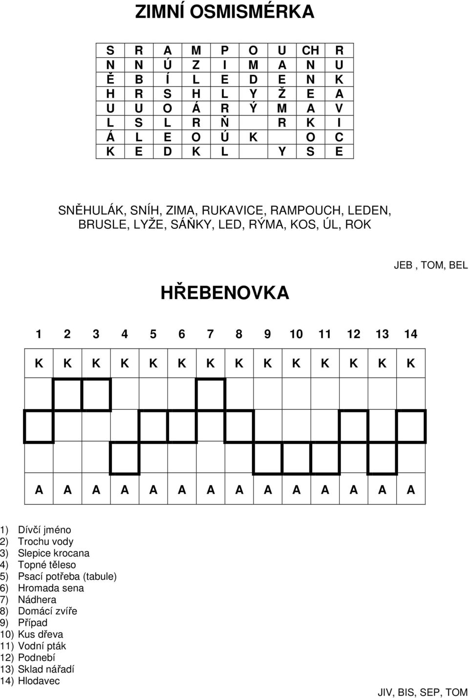 12 13 14 K K K K K K K K K K K K K K A A A A A A A A A A A A A A 1) Dívčí jméno 2) Trochu vody 3) Slepice krocana 4) Topné těleso 5) Psací potřeba