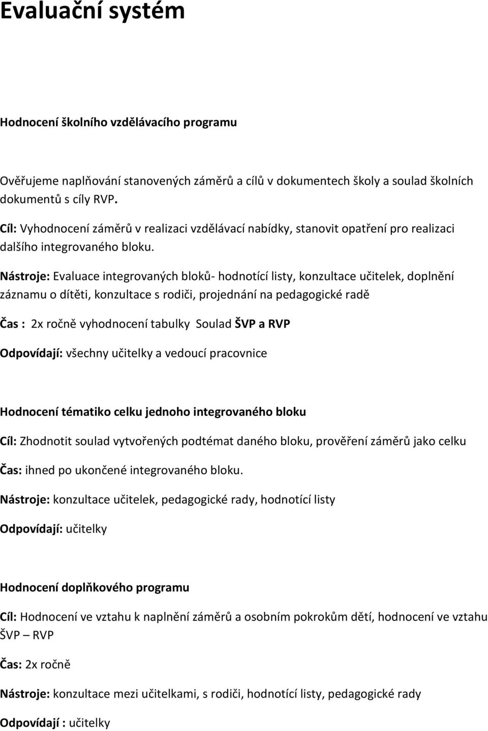 Nástroje: Evaluace integrovaných bloků- hodnotící listy, konzultace učitelek, doplnění záznamu o dítěti, konzultace s rodiči, projednání na pedagogické radě Čas : 2x ročně vyhodnocení tabulky Soulad