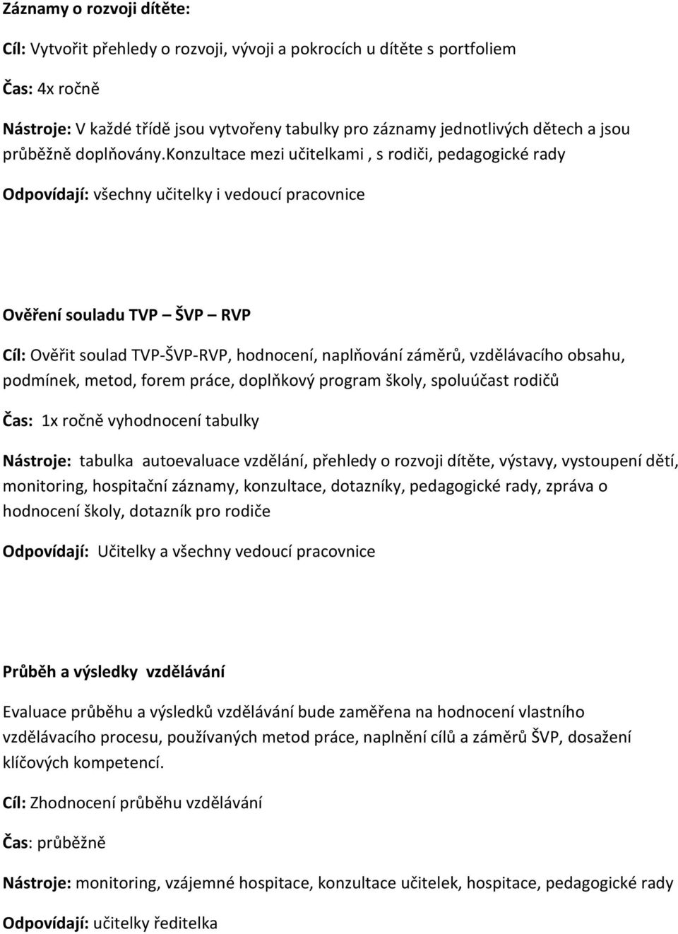 konzultace mezi učitelkami, s rodiči, pedagogické rady Odpovídají: všechny učitelky i vedoucí pracovnice Ověření souladu TVP ŠVP RVP Cíl: Ověřit soulad TVP-ŠVP-RVP, hodnocení, naplňování záměrů,
