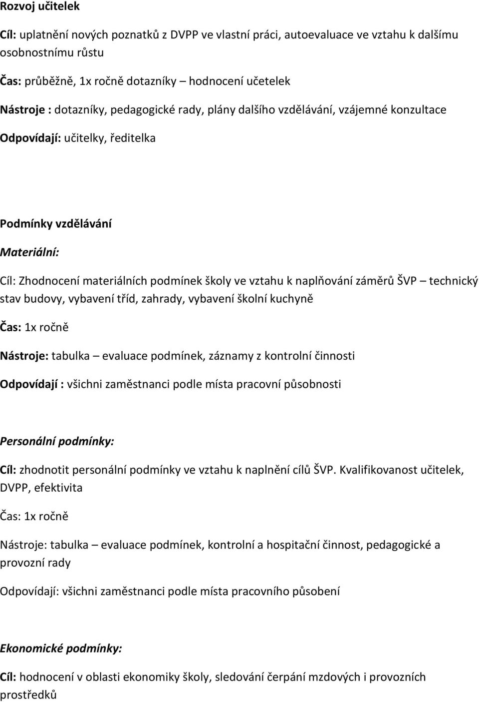 záměrů ŠVP technický stav budovy, vybavení tříd, zahrady, vybavení školní kuchyně Čas: 1x ročně Nástroje: tabulka evaluace podmínek, záznamy z kontrolní činnosti Odpovídají : všichni zaměstnanci