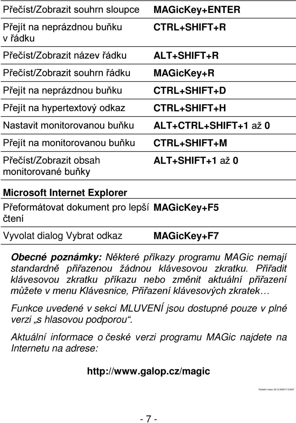 Internet Explorer Přeformátovat dokument pro lepší čtení Vyvolat dialog Vybrat odkaz CTRL+SHIFT+M ALT+SHIFT+1 až 0 MAGicKey+F5 MAGicKey+F7 Obecné poznámky: Některé příkazy programu MAGic nemají