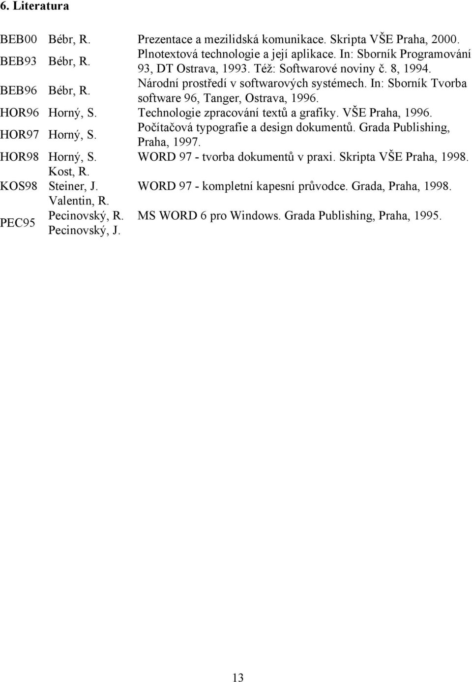 Technologie zpracování textů a grafiky. VŠE Praha, 1996. HOR97 Horný, S. Počítačová typografie a design dokumentů. Grada Publishing, Praha, 1997. HOR98 Horný, S.