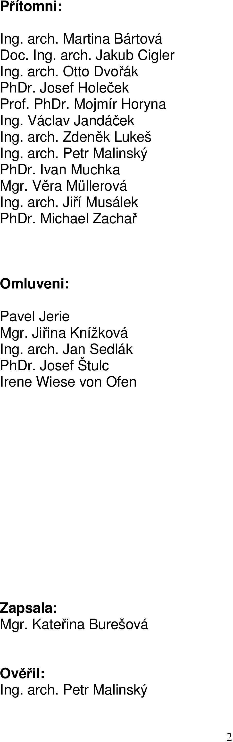 Věra Müllerová Ing. arch. Jiří Musálek PhDr. Michael Zachař Omluveni: Pavel Jerie Mgr. Jiřina Knížková Ing. arch. Jan Sedlák PhDr.