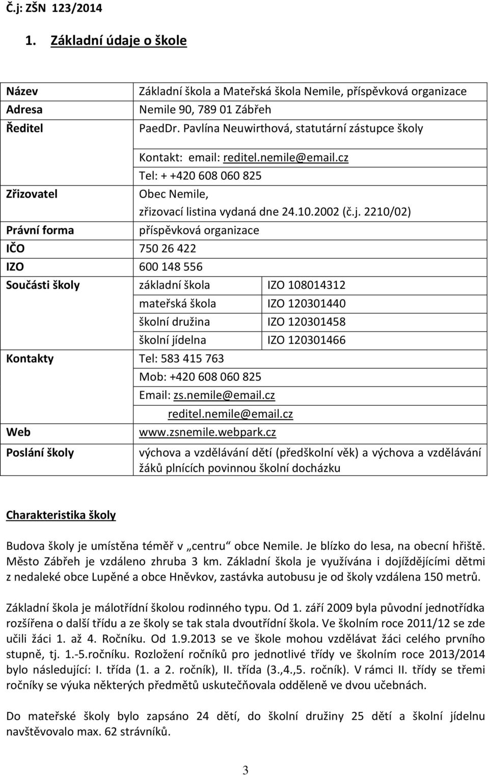 cz Tel: + +420 608 060 825 Právní forma příspěvková organizace IČO 750 26 422 Obec Nemile, zřizovací listina vydaná dne 24.10.2002 (č.j.