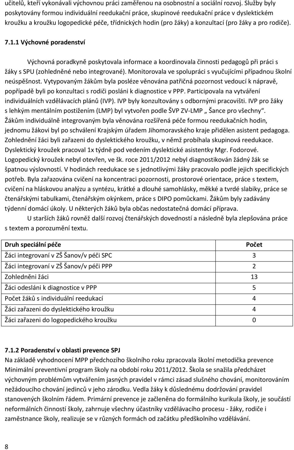 rodiče). 7.1.1 Výchovné poradenství Výchovná poradkyně poskytovala informace a koordinovala činnosti pedagogů při práci s žáky s SPU (zohledněné nebo integrované).