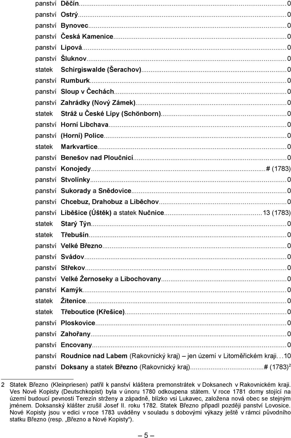 ..0 panství Konojedy...# (1783) panství Stvolínky...0 panství Sukorady a Snědovice...0 panství Chcebuz, Drahobuz a Liběchov...0 panství Liběšice (Úštěk) a statek Nučnice...13 (1783) statek Starý Týn.