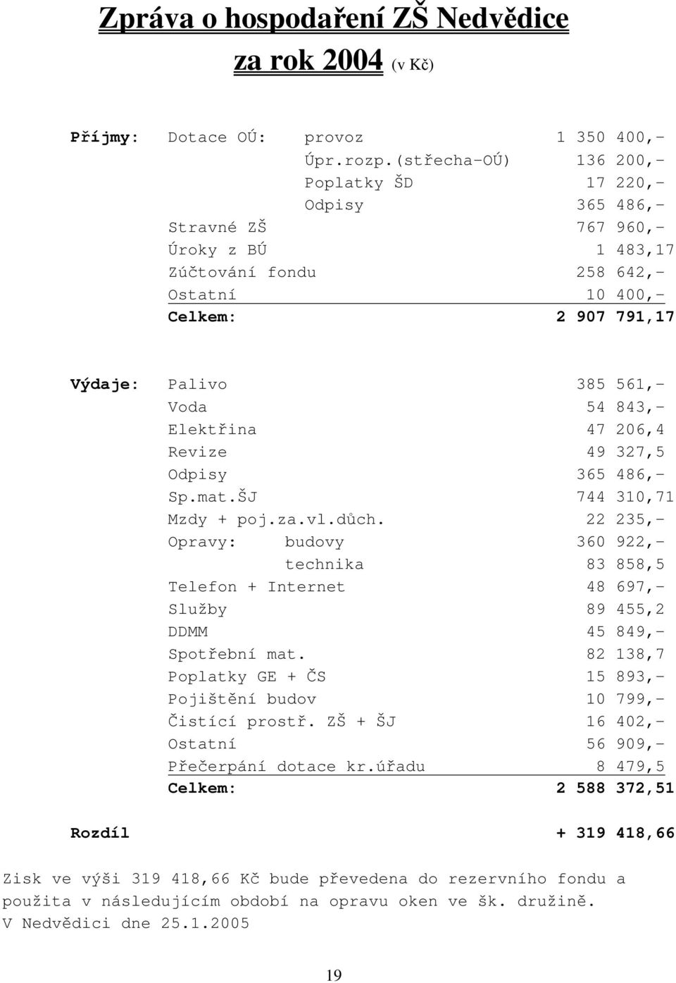 843,- Elektřina 47 206,4 Revize 49 327,5 Odpisy 365 486,- Sp.mat.ŠJ 744 310,71 Mzdy + poj.za.vl.důch.