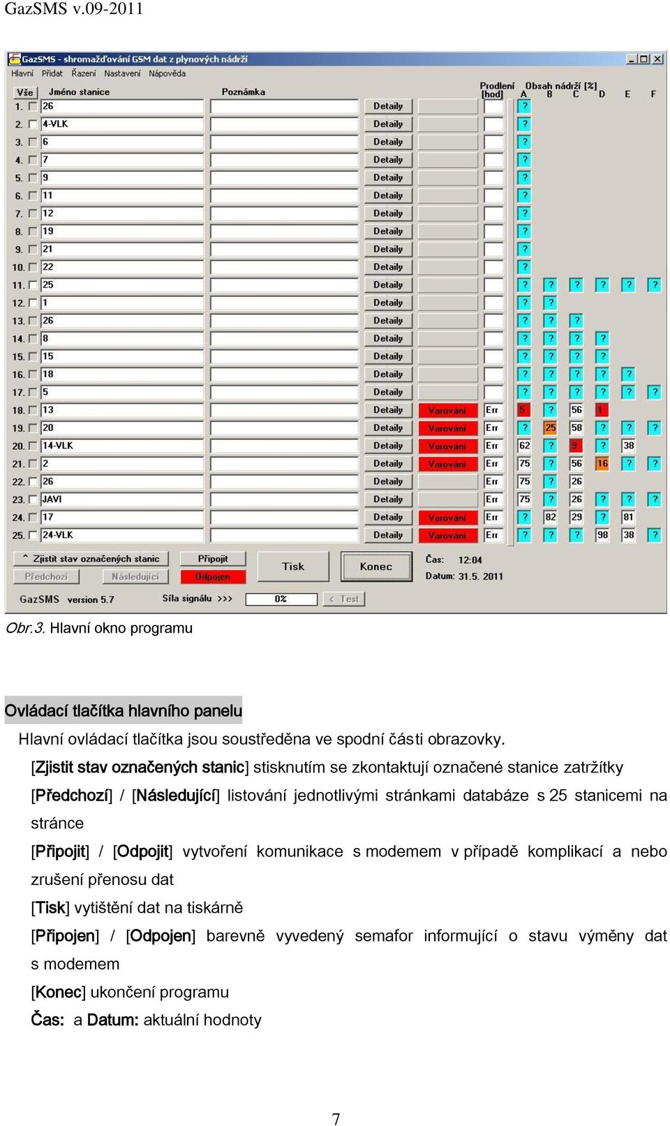 databáze s 25 stanicemi na stránce [Připojit] / [Odpojit] vytvoření komunikace s modemem v případě komplikací a nebo zrušení přenosu dat [Tisk]