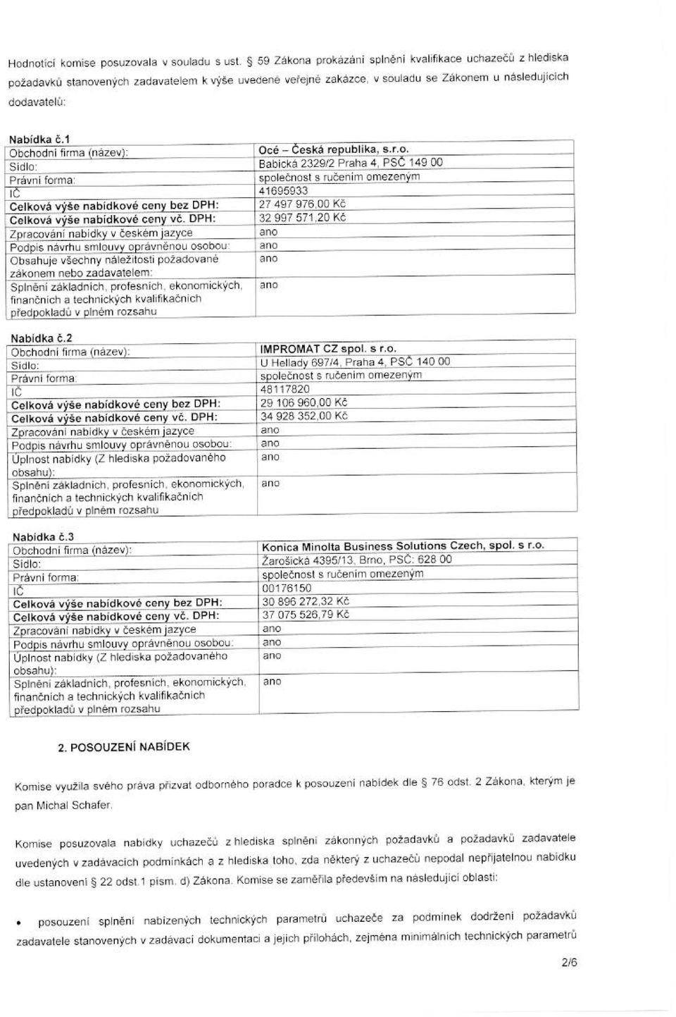 firma (nazev): Oct, Ceske republika, s.r.o. Sidlo: Babicka 2329/2 Praha 4, 1 280 149 00 Pravni forma: spolednost s rudenim omezen9m IC 41695933 Celkove vicie nabidkove cony bez DPH: 27 497 976.