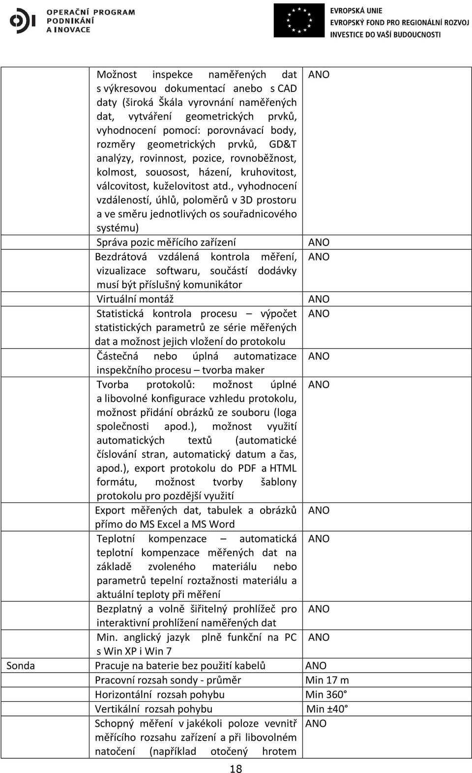 , vyhodnocení vzdáleností, úhlů, poloměrů v 3D prostoru a ve směru jednotlivých os souřadnicového systému) Správa pozic měřícího zařízení Bezdrátová vzdálená kontrola měření, vizualizace softwaru,