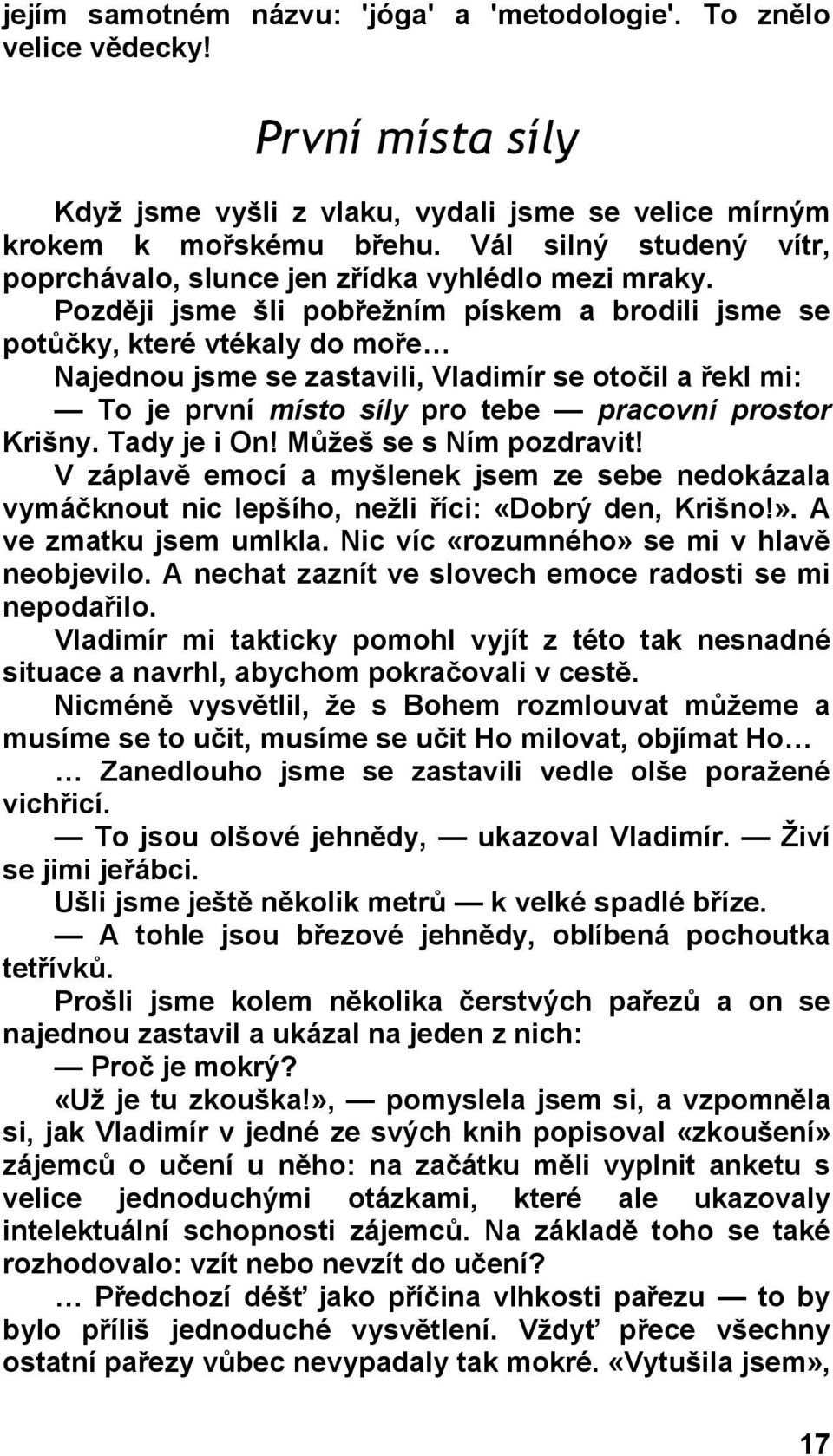 Později jsme šli pobřežním pískem a brodili jsme se potůčky, které vtékaly do moře Najednou jsme se zastavili, Vladimír se otočil a řekl mi: To je první místo síly pro tebe pracovní prostor Krišny.