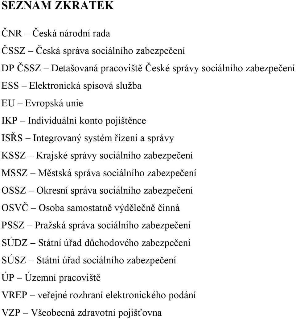 správa sociálního zabezpečení OSSZ Okresní správa sociálního zabezpečení OSVČ Osoba samostatně výdělečně činná PSSZ Pražská správa sociálního zabezpečení SÚDZ